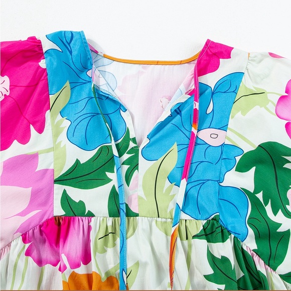 White Floral Print Split Neck Babydoll Dress Bohemian Mini - Picture 7 of 11